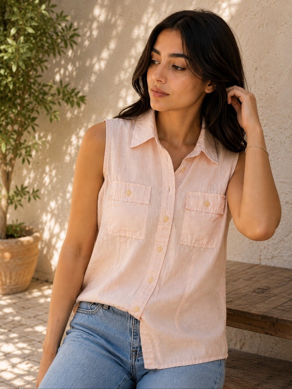 Gap Linen-Look Sleeveless Button-Up — Blush Pink — Size M (fits like a small) 🌹